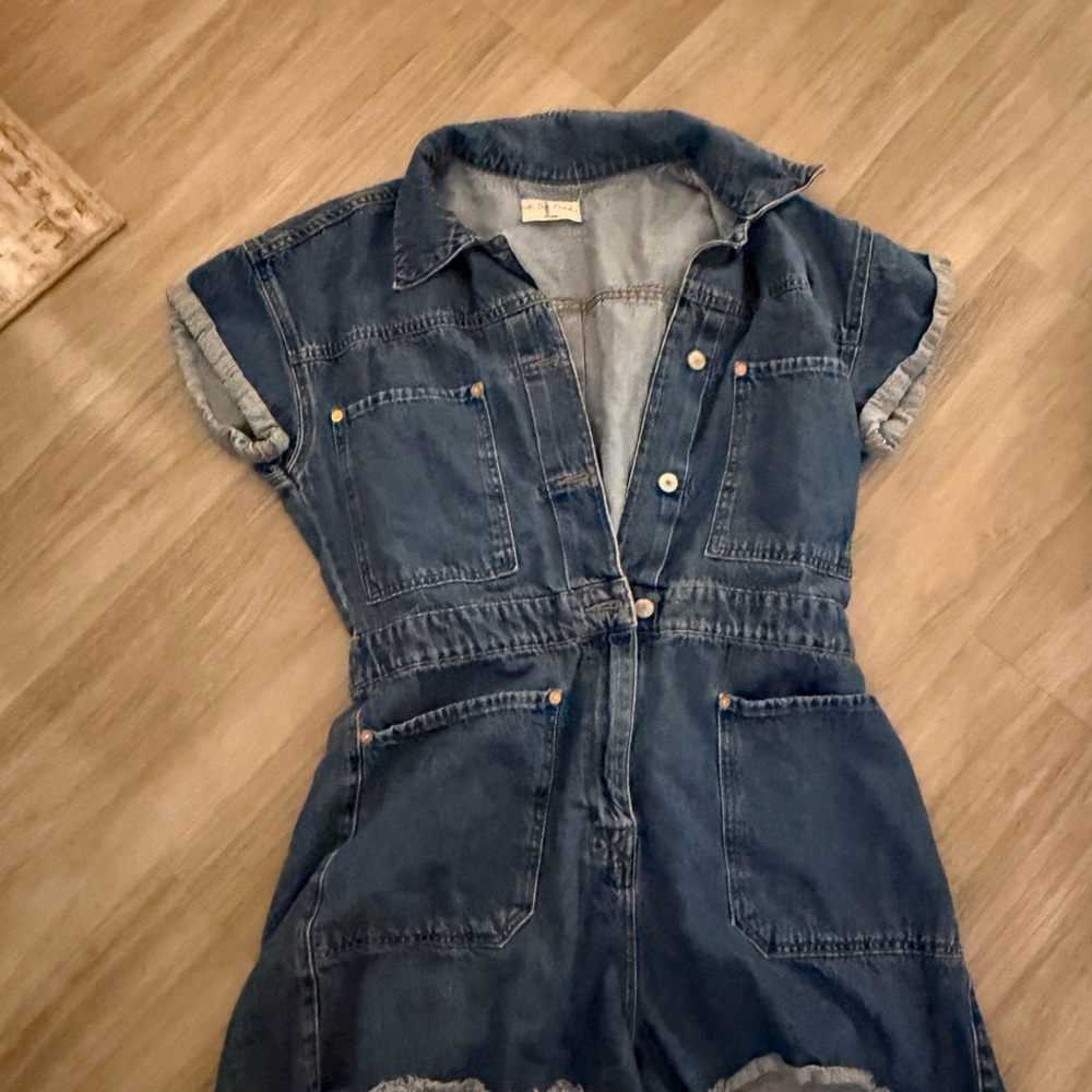 Free People Denim Short Sleeve Romper in Medium Blue